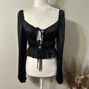 Mixed Threads Los Angeles Shirred Satin Puff Sleeve Black Tie Front Crop Top M